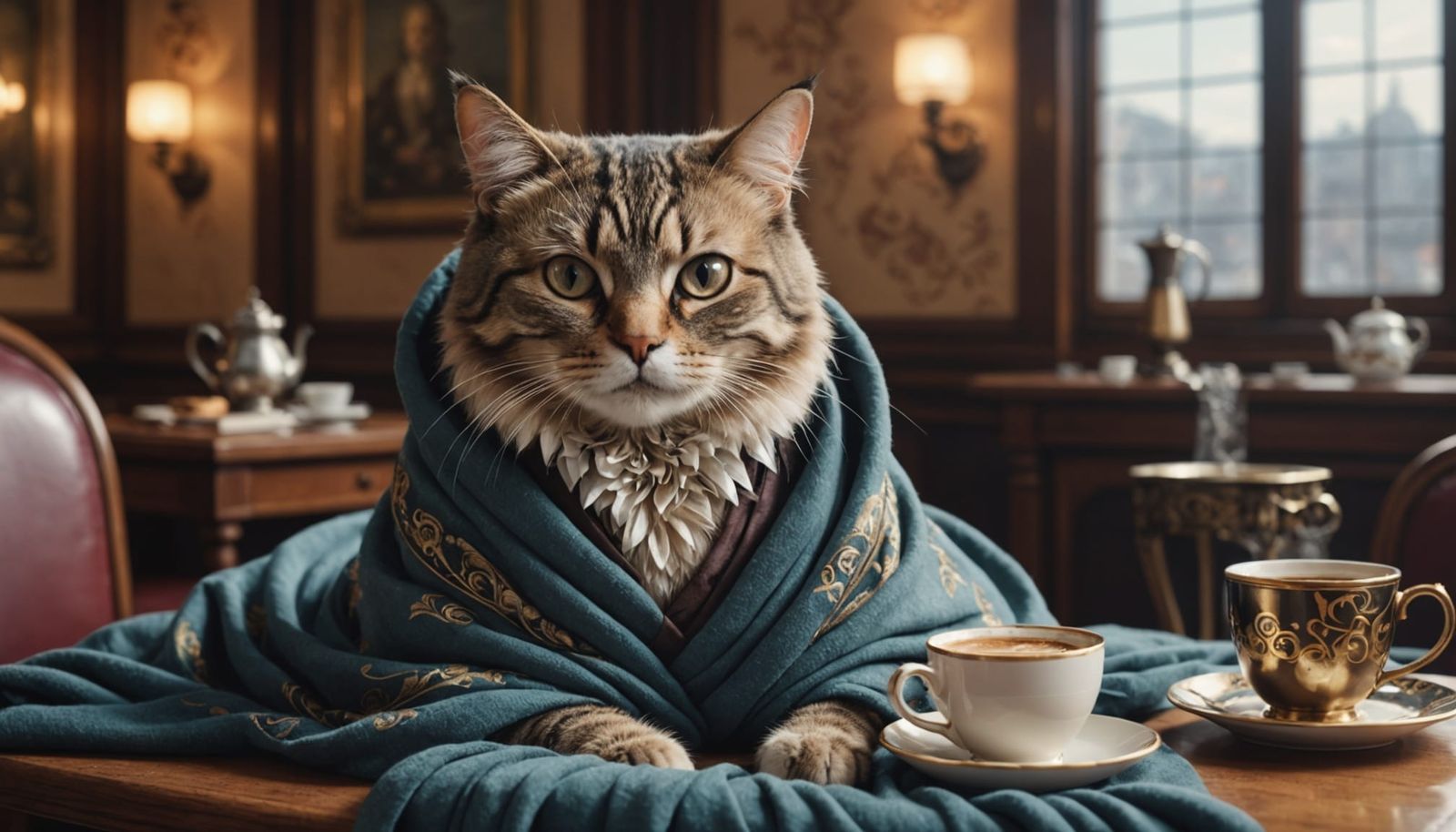 Whimsical Art Deco Cat Sips Coffee in a Vintage Office