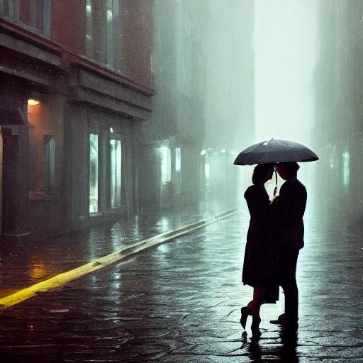 Lovers Embrace in Rainy Alleyway, Surreal Oil Painting