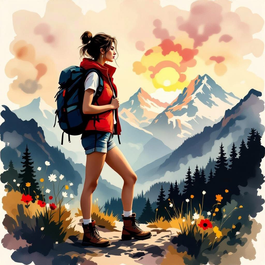 Postmodern Hiker in Soft Ink Painting Style