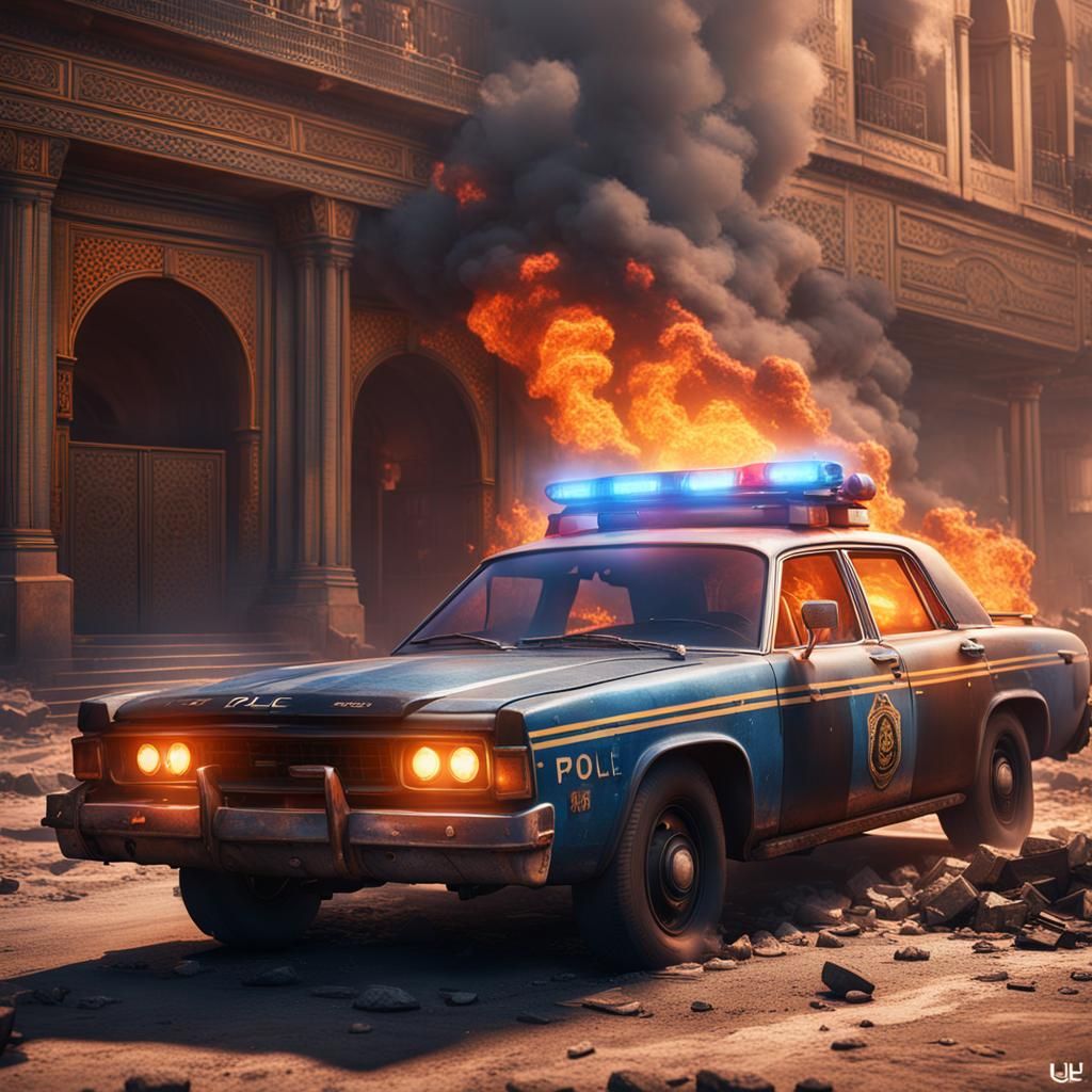 Burning Police Car in Detailed Matte Painting