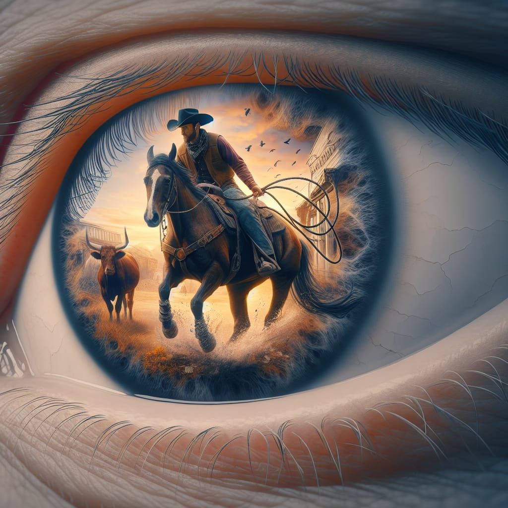 Cowboy Roping Cow Reflected in Horse Eye