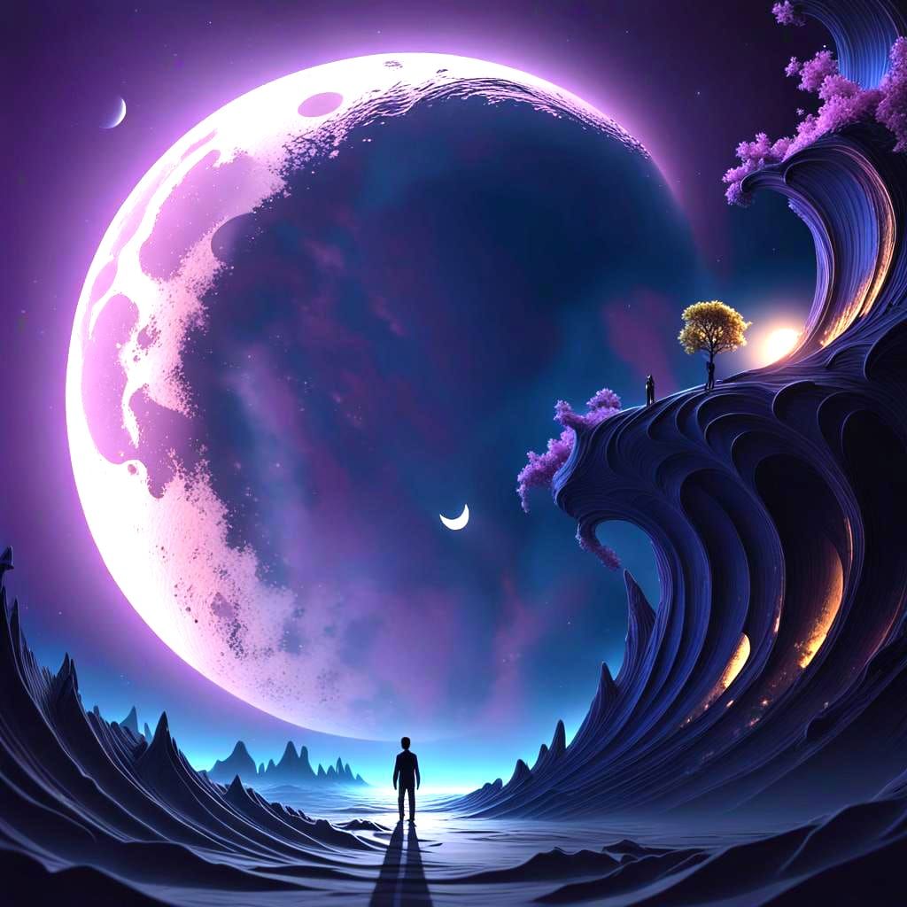 Silhouette Against Luminescent Moon in Space