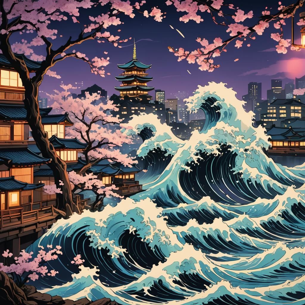 Neon Cyberpunk Tsunami in Kanagawa: Ukiyo-e Style