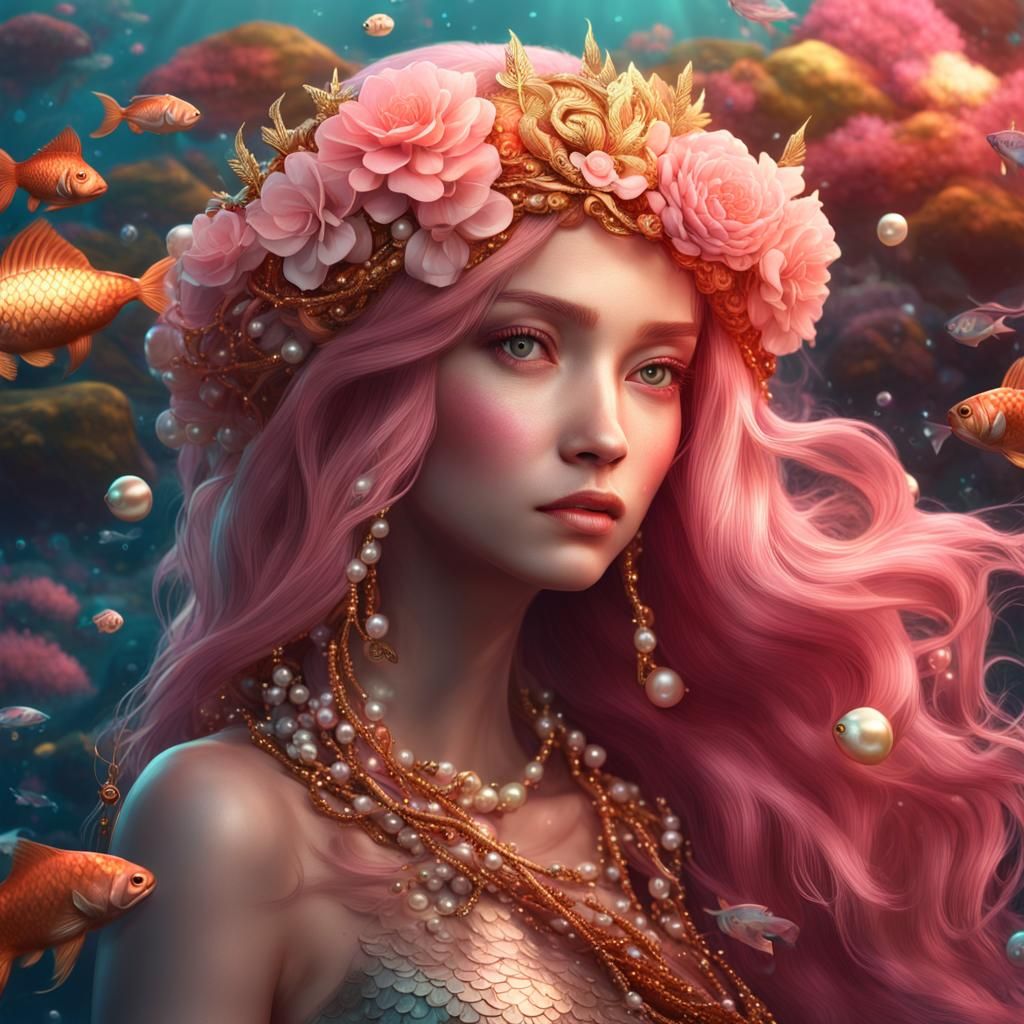 Pink Mermaid with Pearls and Coral in Deep Color