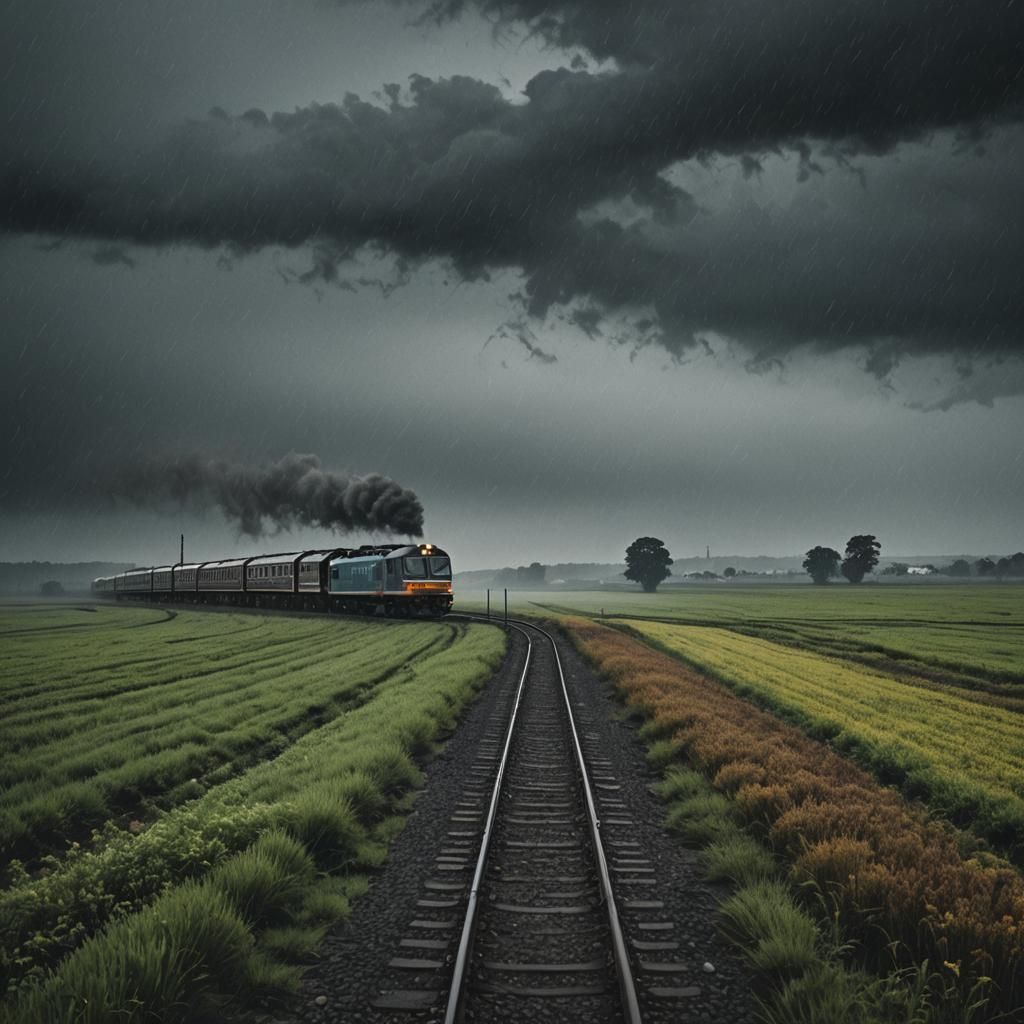 Lonely Train Through Fields in Abstract Style