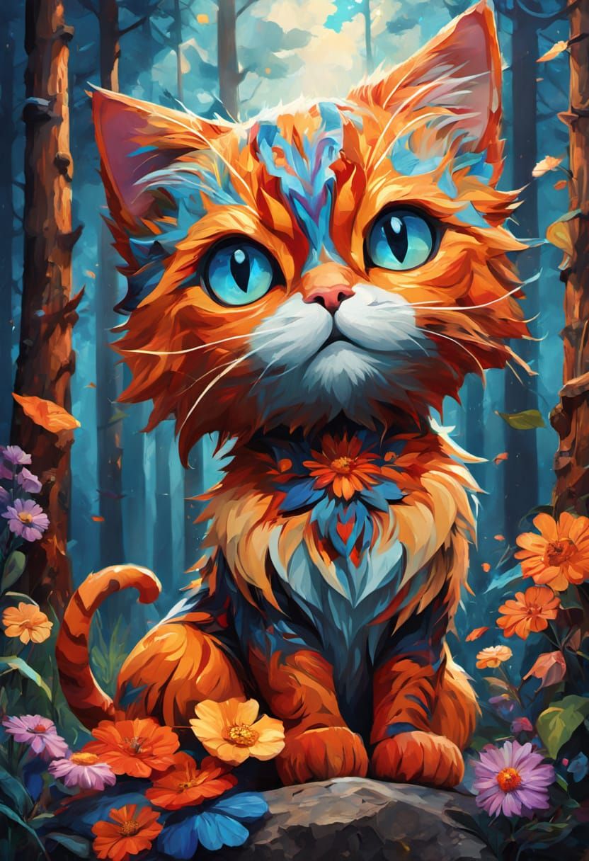 Vibrant Cat in Dreamlike Forest, Inspired by Pop Art