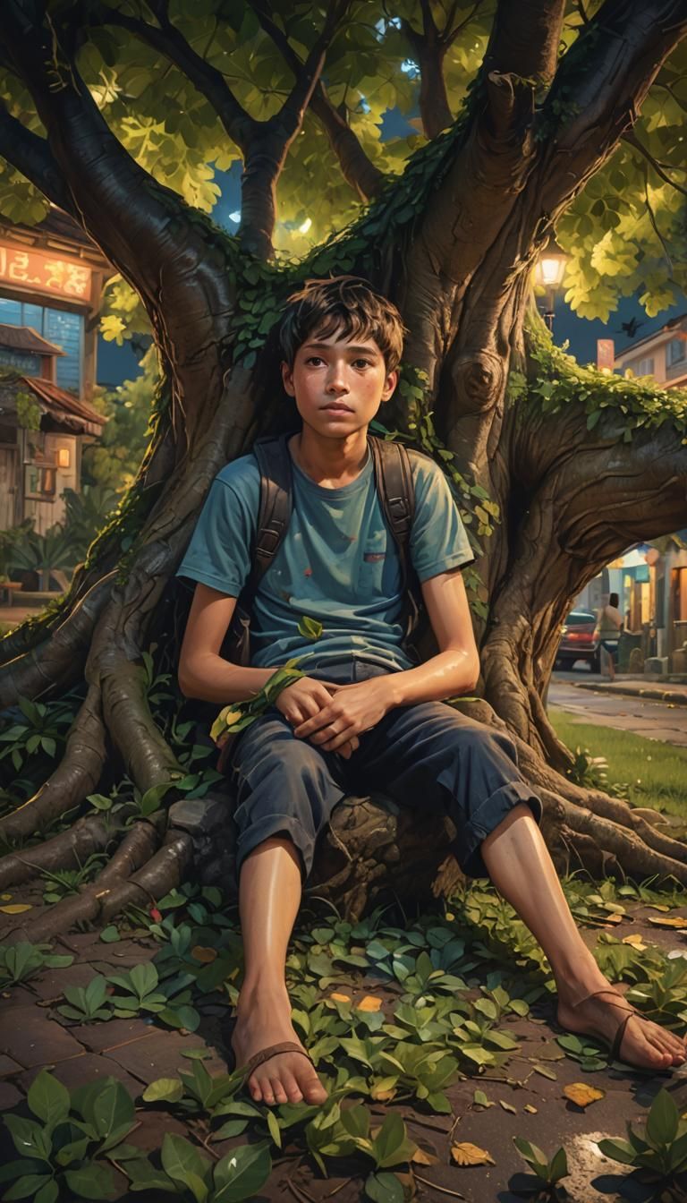 Boy Under Tree in Village at Night