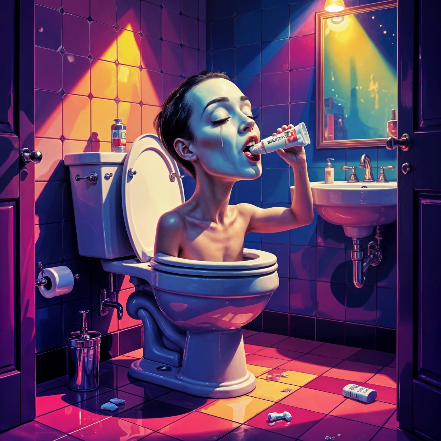 Surreal Skibidi Toilet Licking Toothpaste in Dreamlike Bathr...