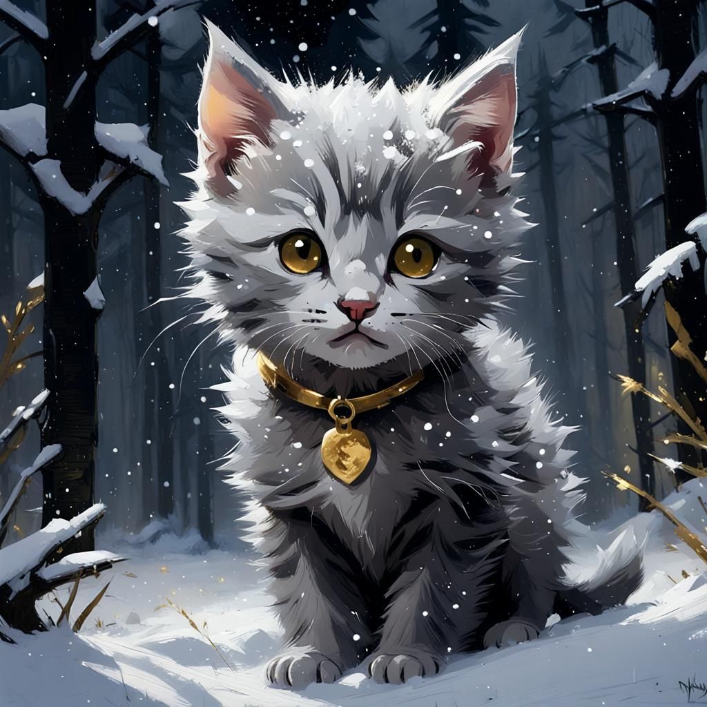 Grey Kitten in Snowy Forest at Night as Matte Painting