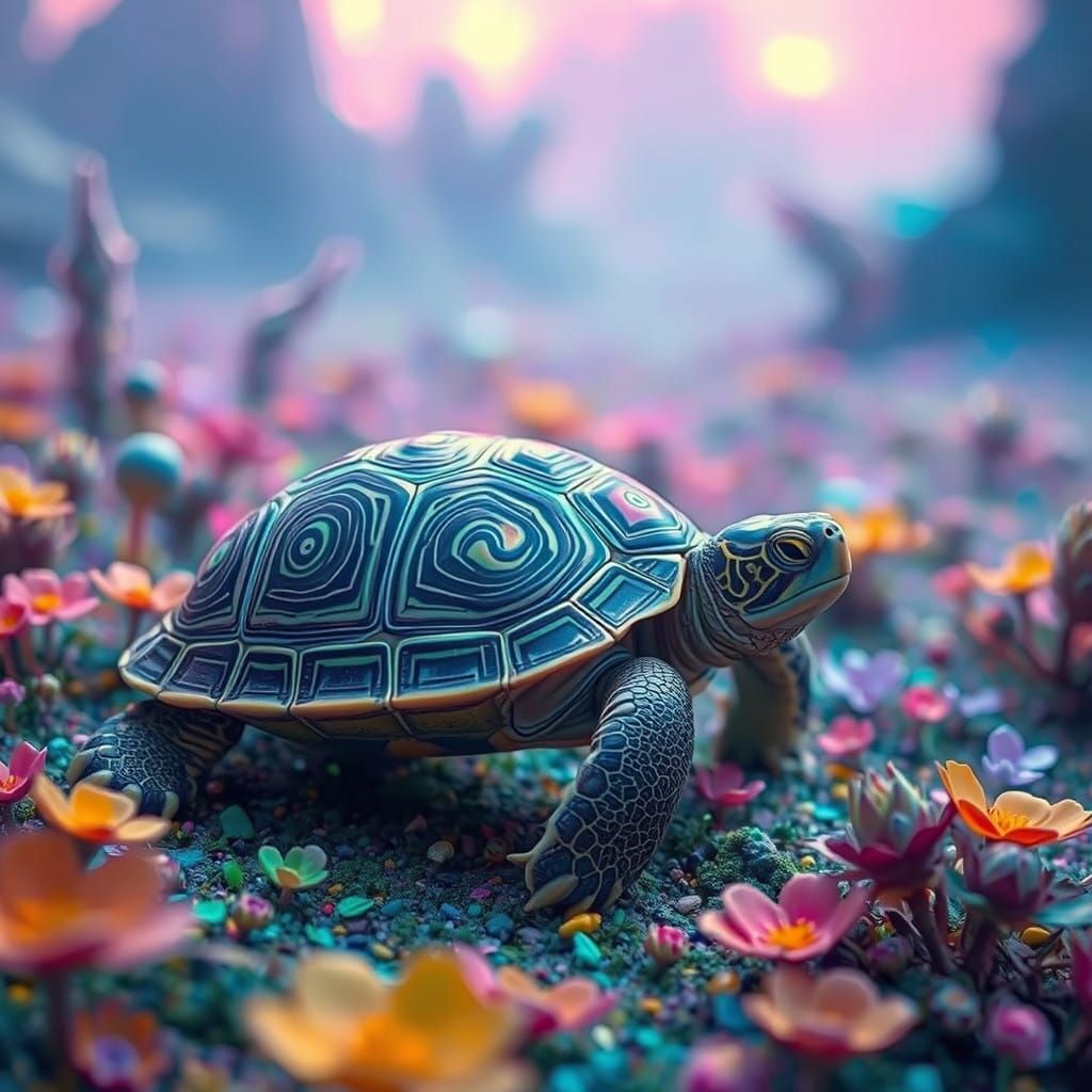 Lost Turtle in a Vibrant, Alien Landscape with Swirling Patt...