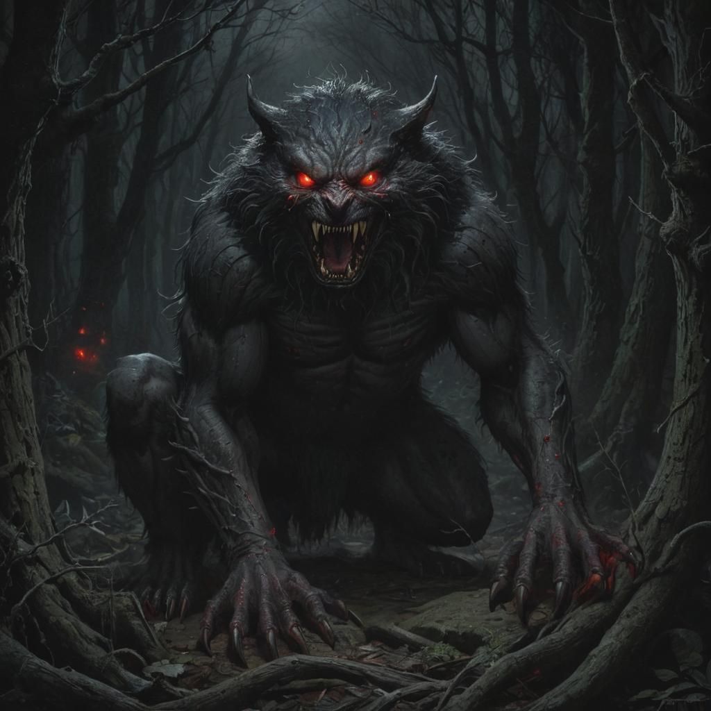 Terrifying Furry Creature in Dark Forest