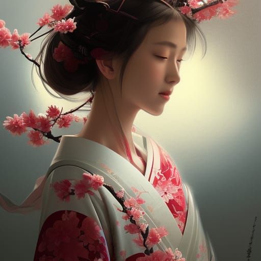 Japanese Princess with Cherry Blossoms in Kimono