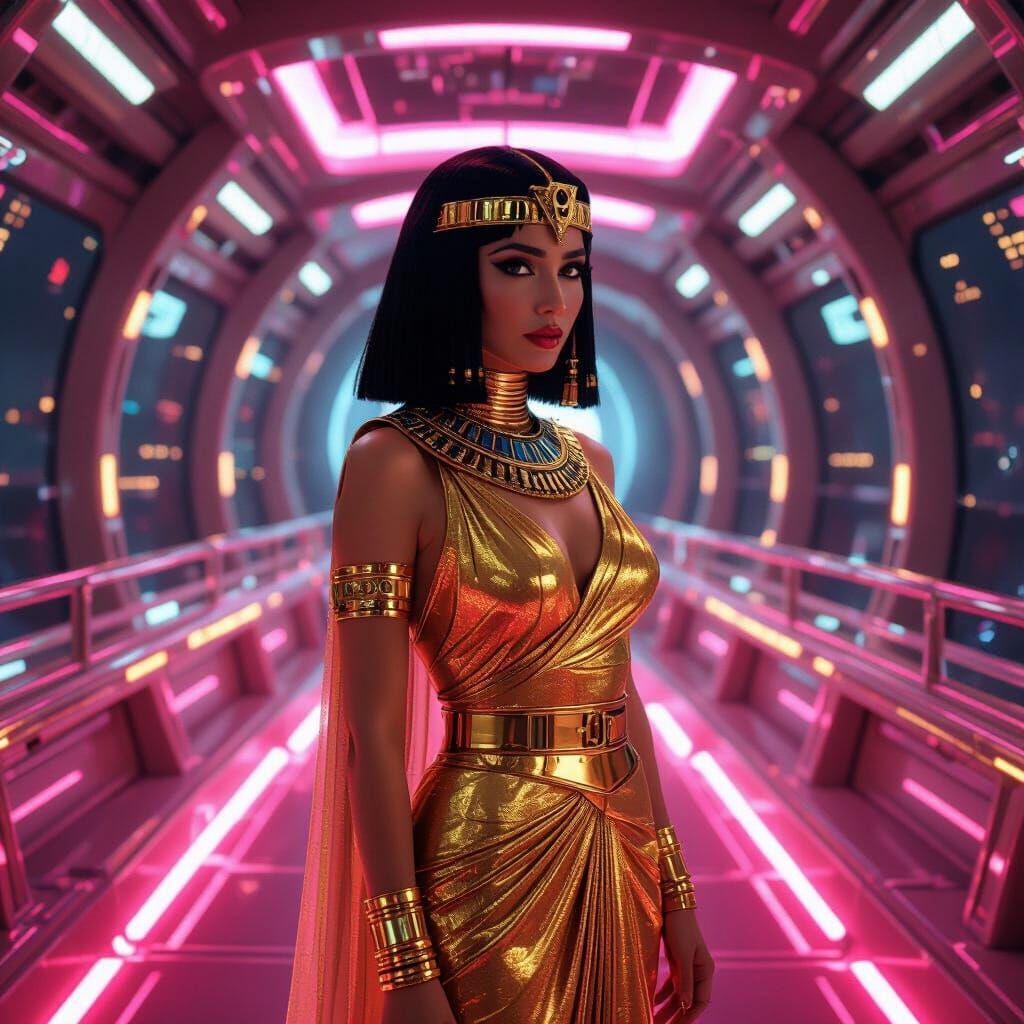 Cleopatra on Futuristic Pink Spaceship Bridge