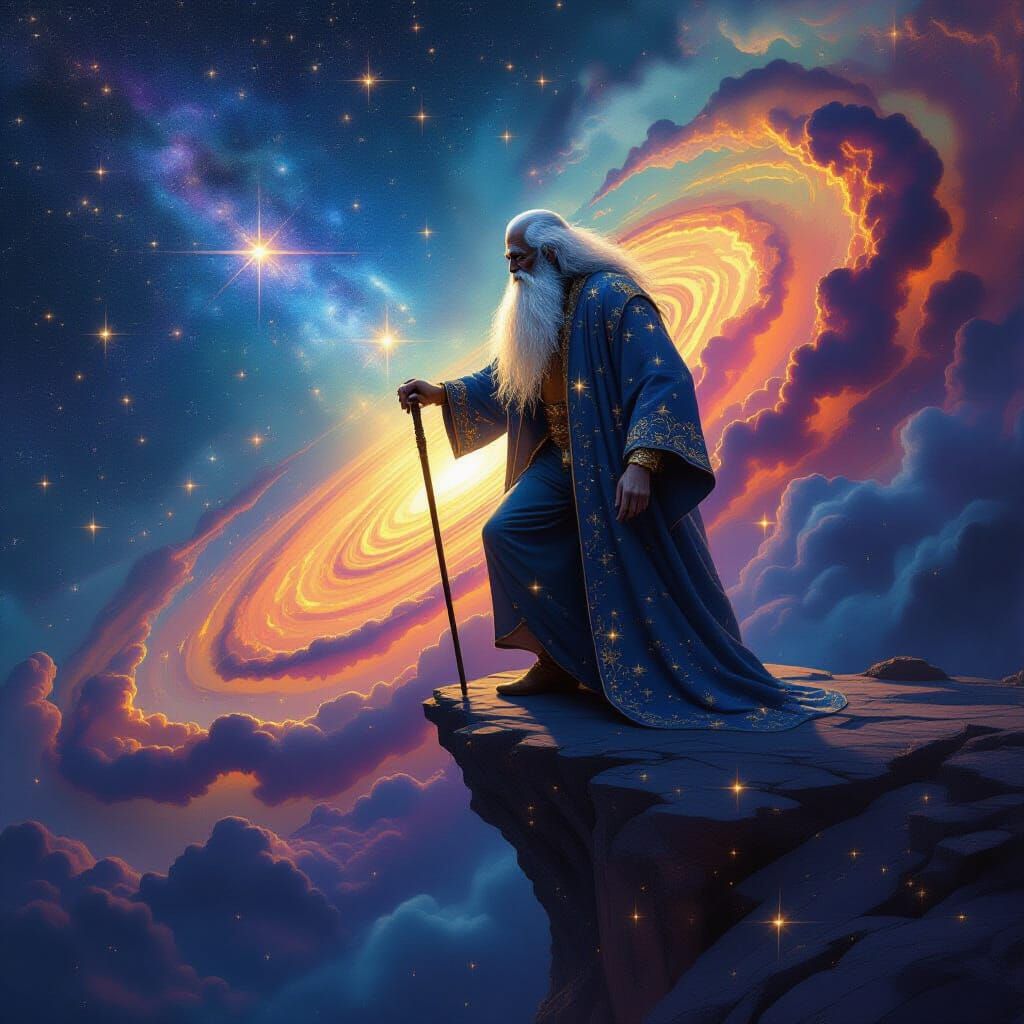 Ancient Grandfather on Nebula Edge in Dreamlike Style