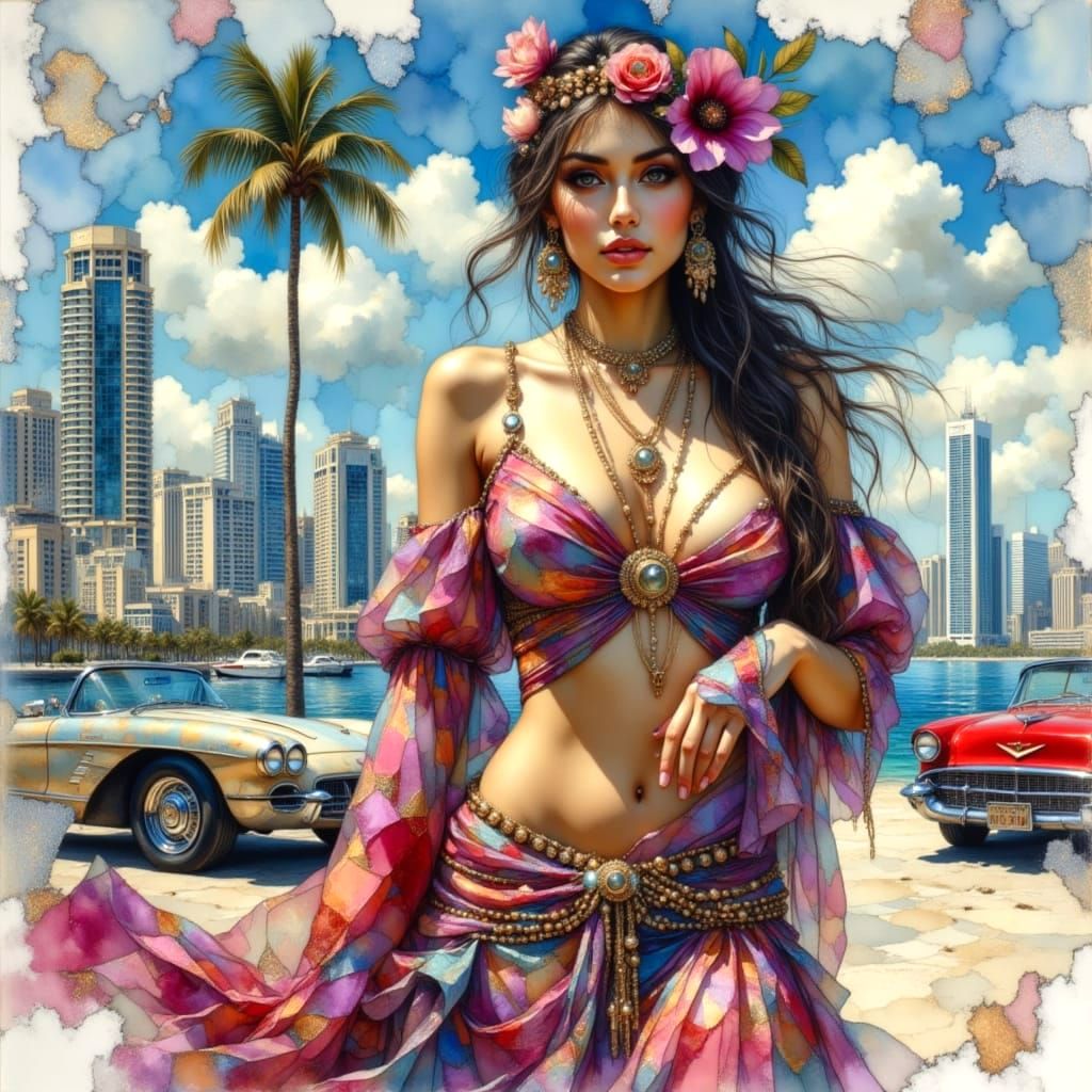 Boho Woman in New York, Alcohol Ink Art