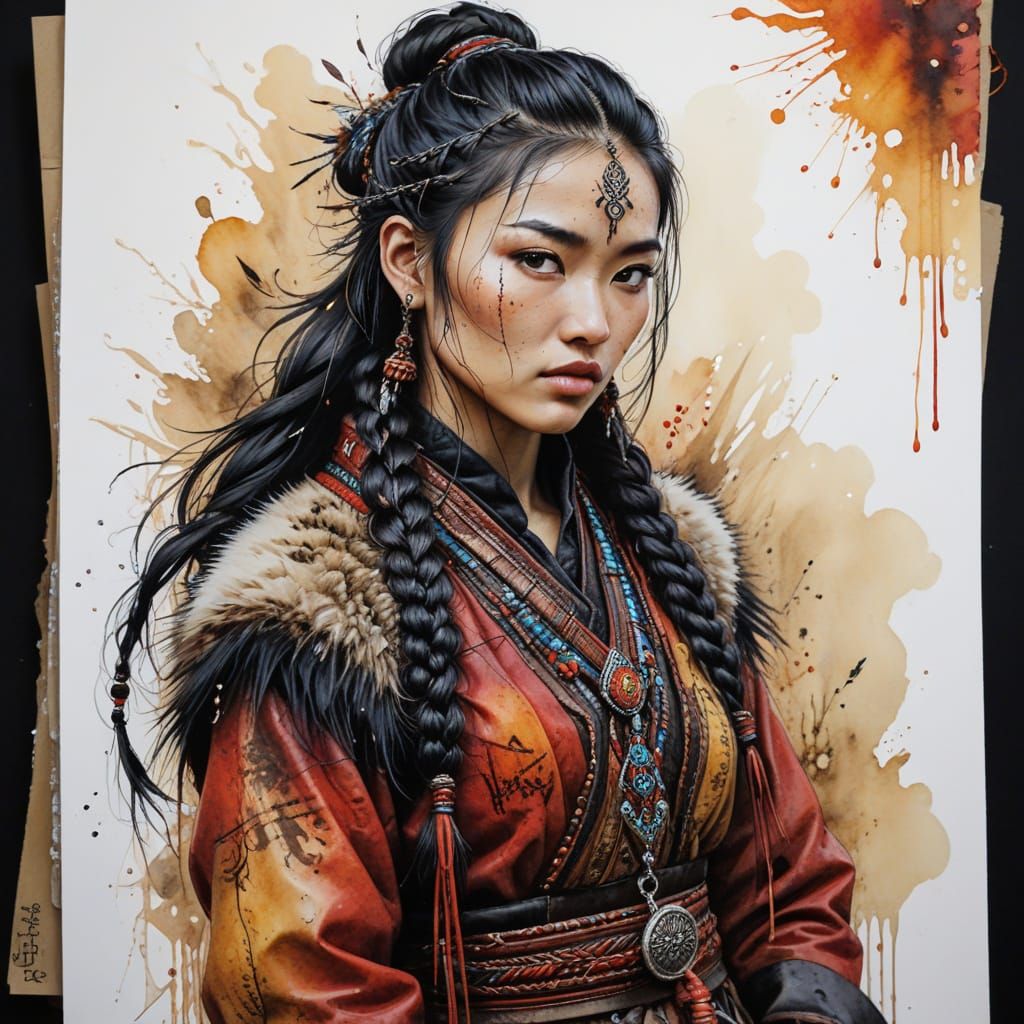Mongolian Nomad Woman in Watercolor Style