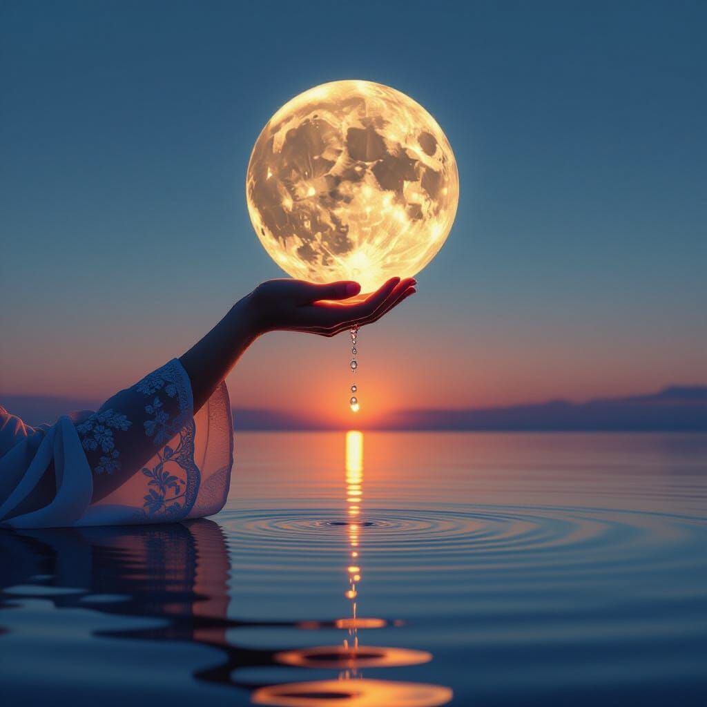 Hand Holds Moon Above Water at Twilight
