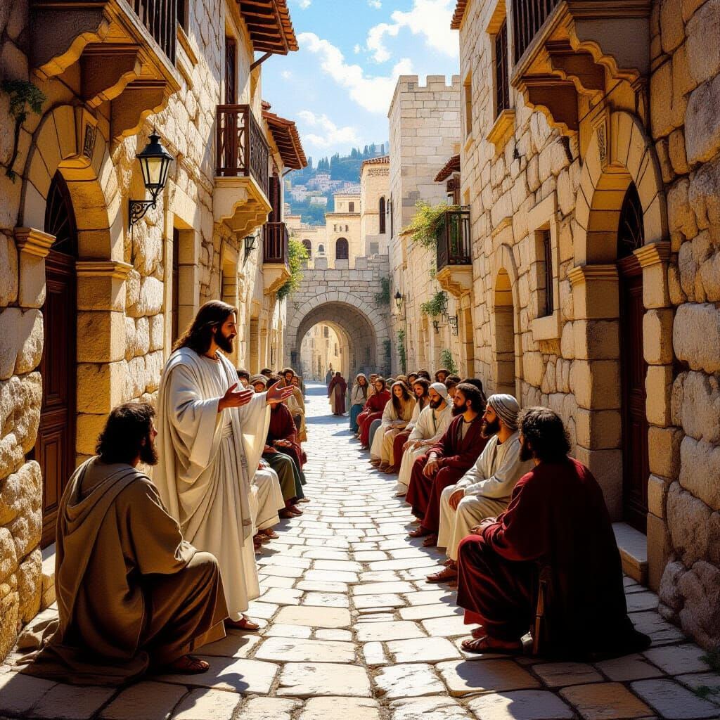 Jesus Preaches in Jerusalem Streets Oil Painting
