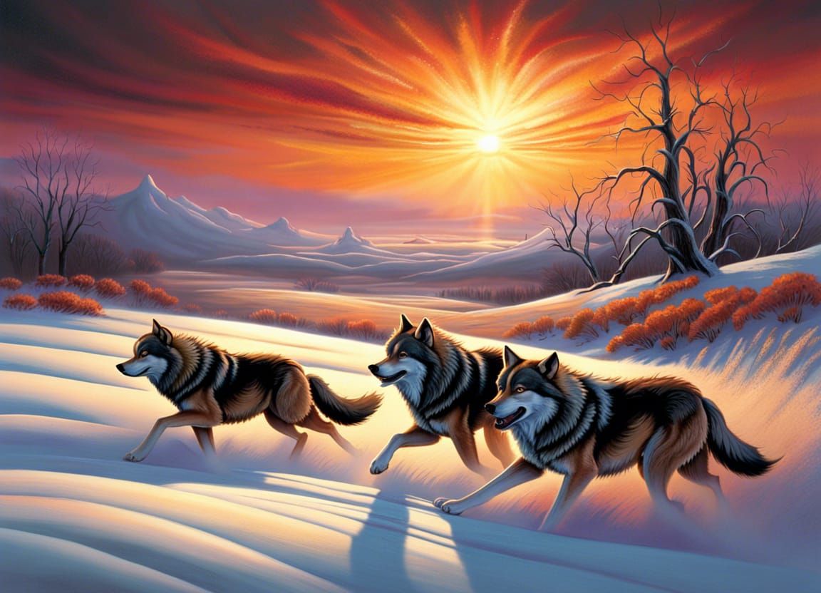 Wolves Running into Sunset on Snowy Prairie