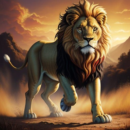 Lion Leaps from Canvas in Surreal Oil Painting