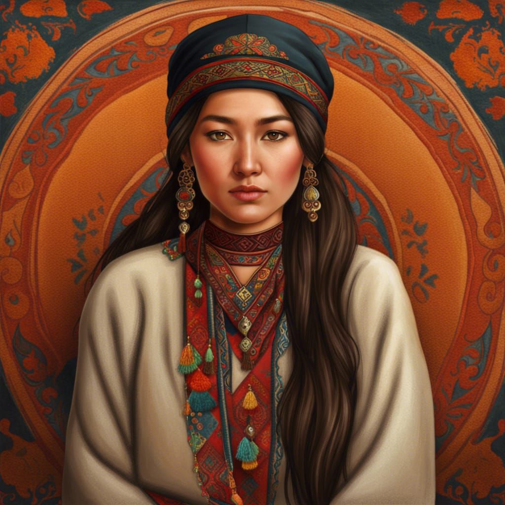 Realistic Portrait of a Beautiful Kyrgyz Woman