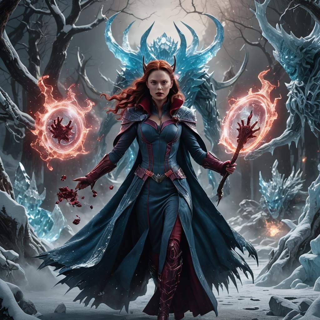 Scarlett Witch is conjuring an ice demon from another dimension.