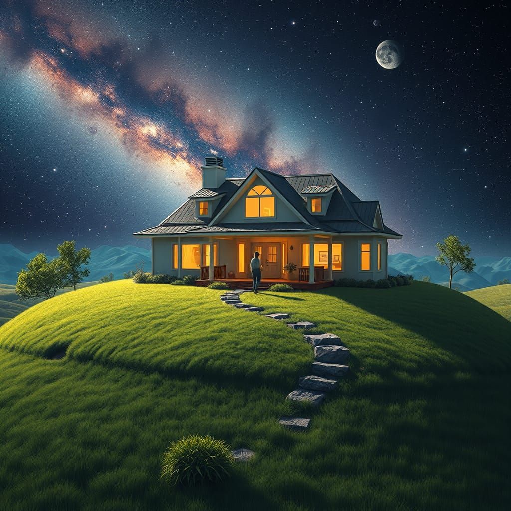 Serene Home Amidst Space: A Digital Painting