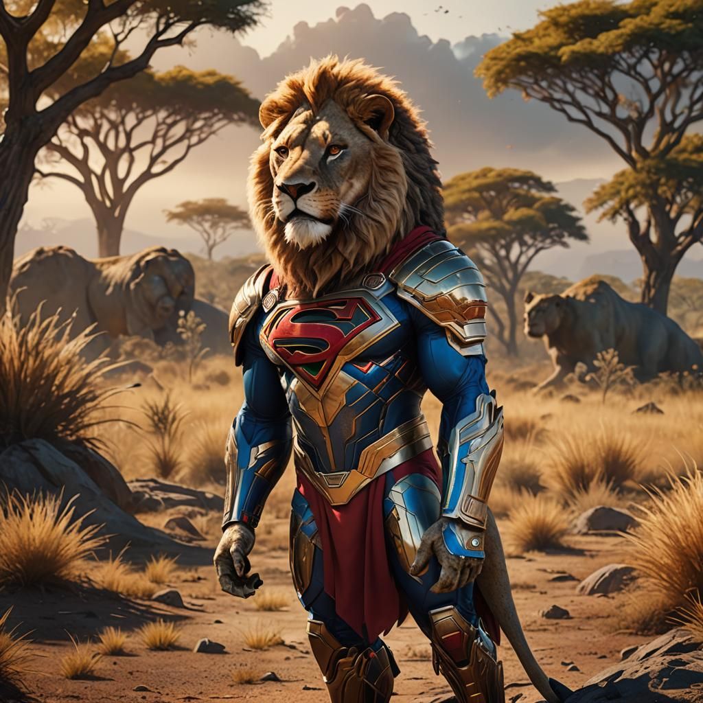Lion Superhero Concept Art in Savannah