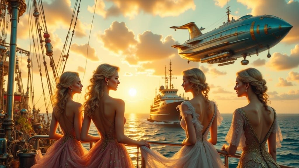 Steampunk Cruise Ship with Women and Airship