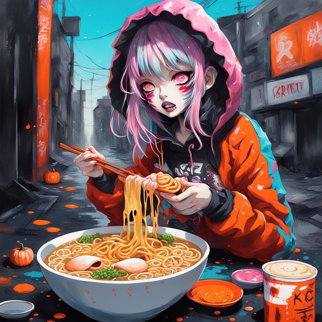 Halloween Anime Girl Eating Ramen in Graffiti Art Style