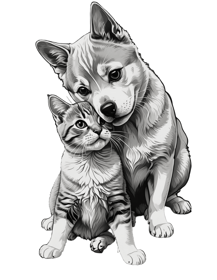 Cat and Dog Play: Bold Line Art in Grayscale