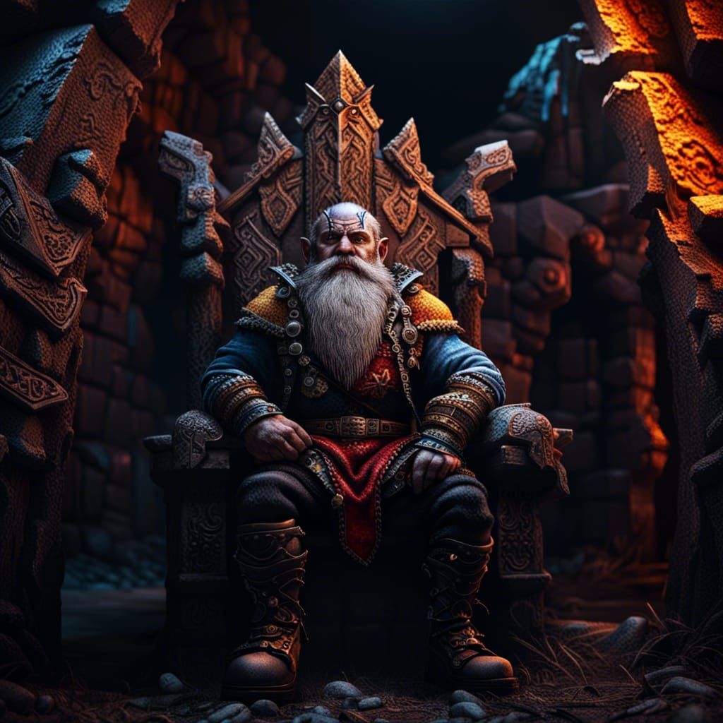 A dark fantasy dwarf sitting on throne