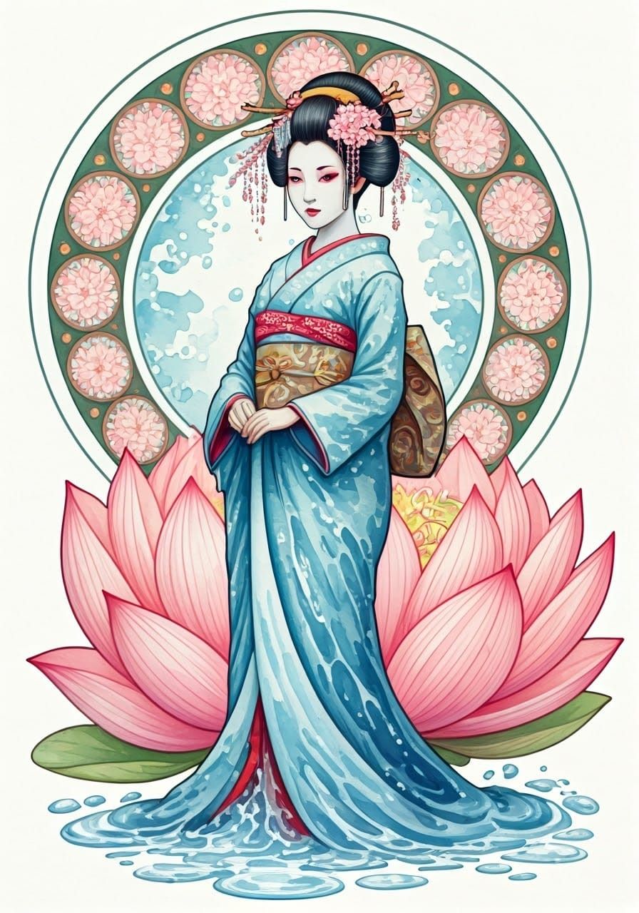 Geisha in Water Kimono, Art Nouveau Portrait