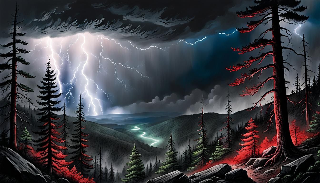 Old Growth Forest Charcoal Drawing in Thunderstorm