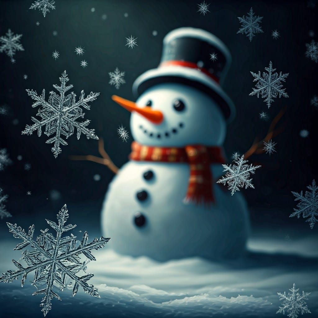 Delicate Snowflakes Dance Amidst a Faintly Visible Snowman i...