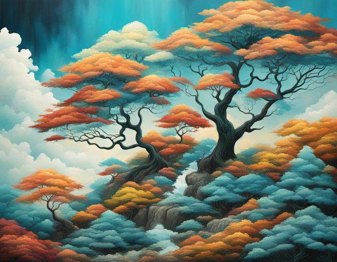 Fantastical Surrealism Painting of a Cloudy Island
