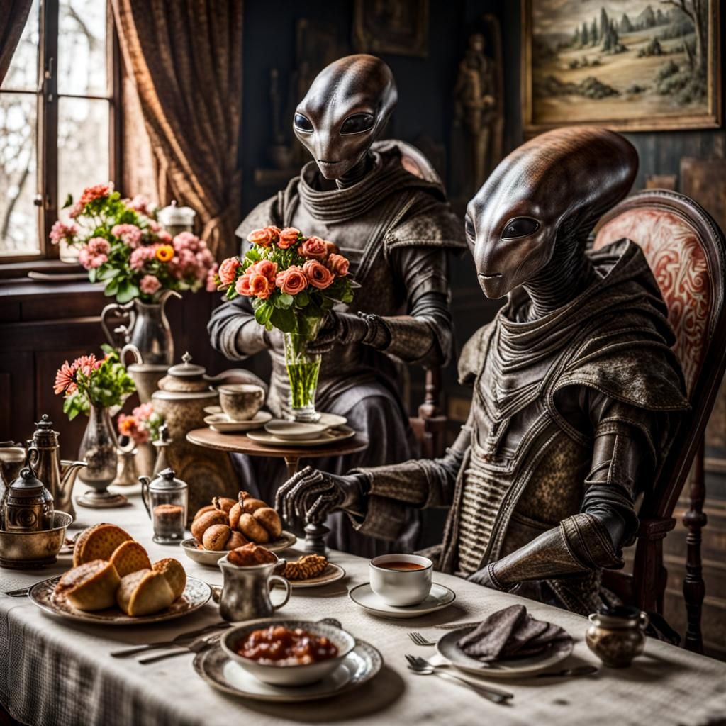 Exotic Aliens Celebrate in Surreal Restaurant: Digital Paint...