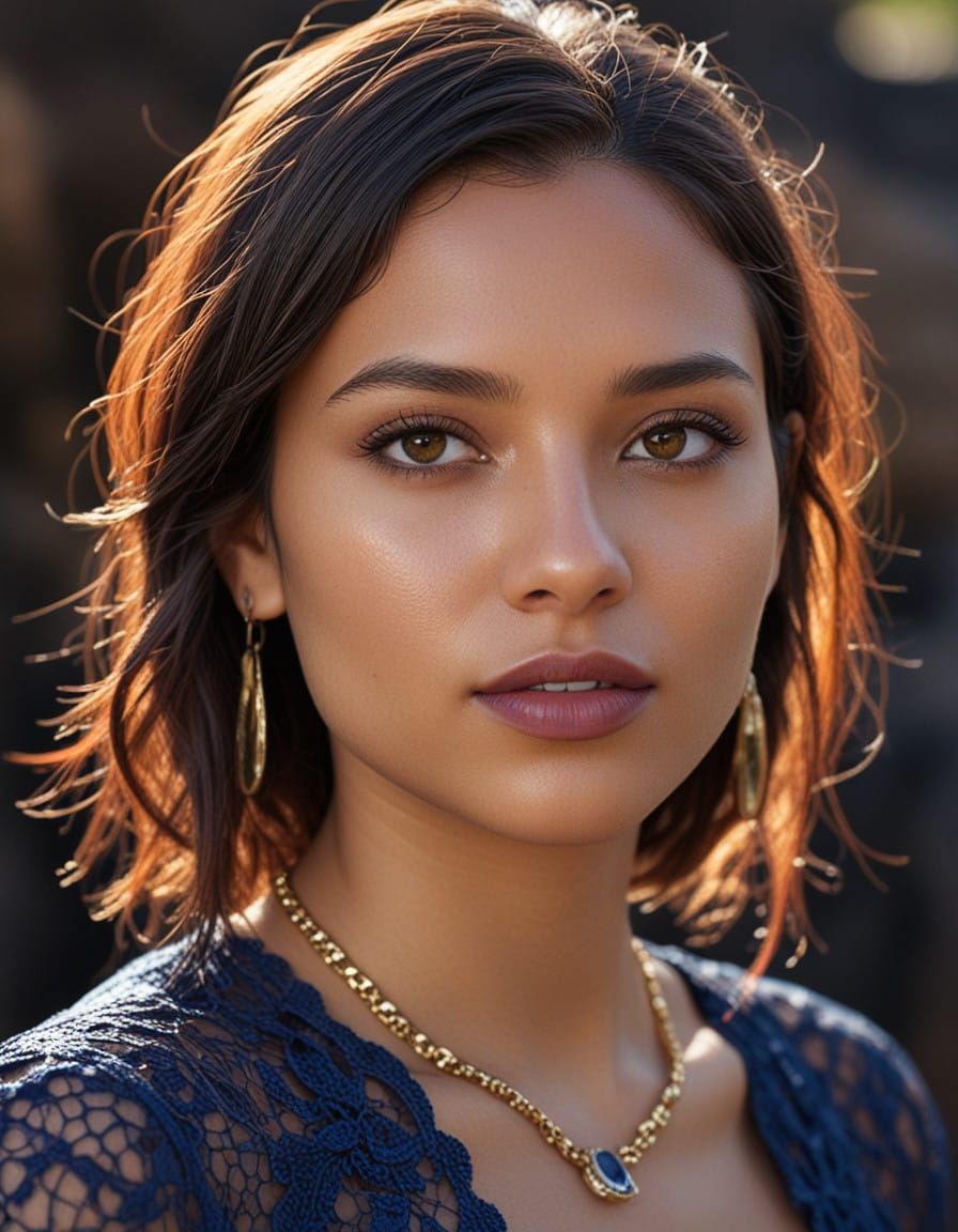 Puerto Rican Woman in Luminous Indigo Lace with Copper Lips