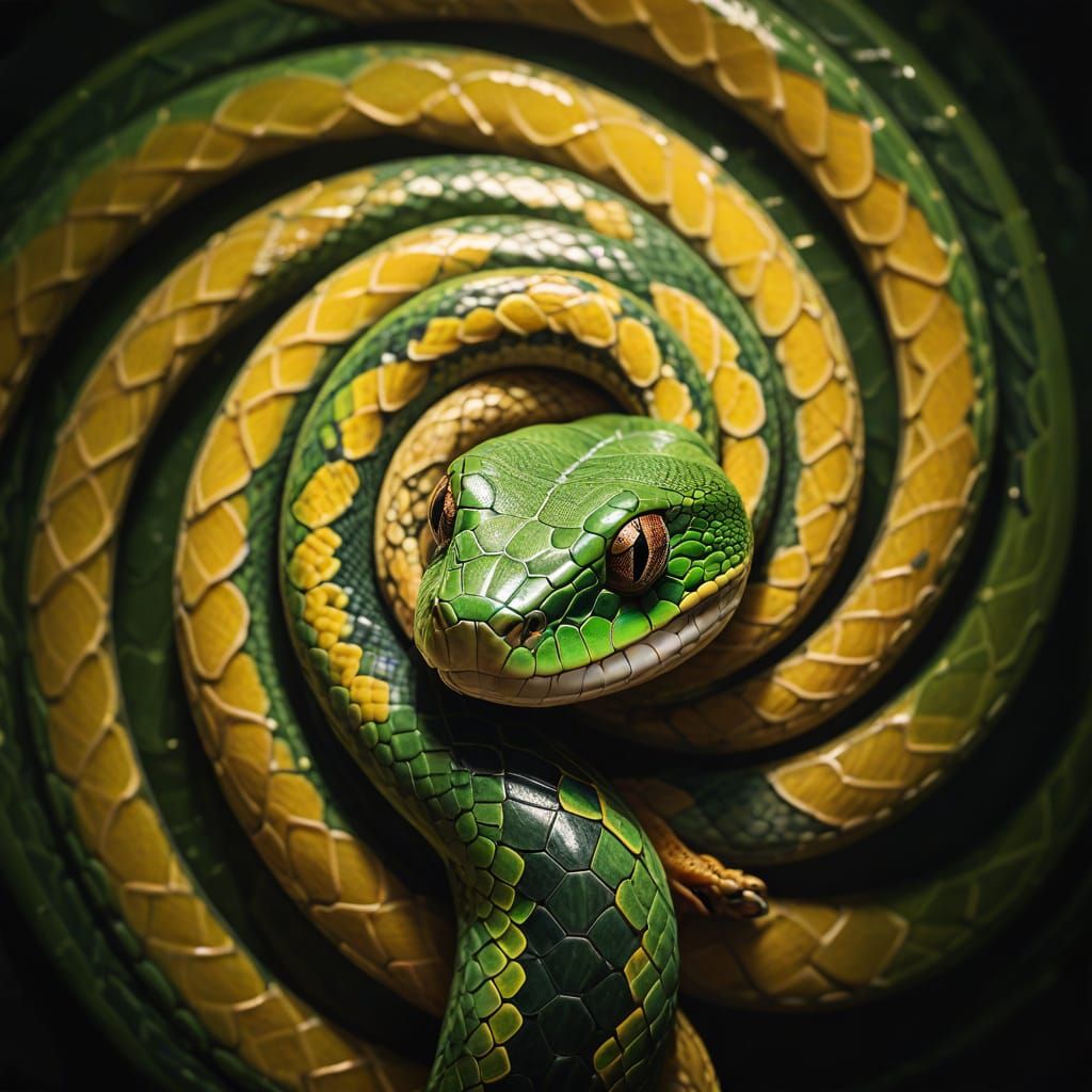 Hyper-Realistic Green Snake in Spiraling Coils