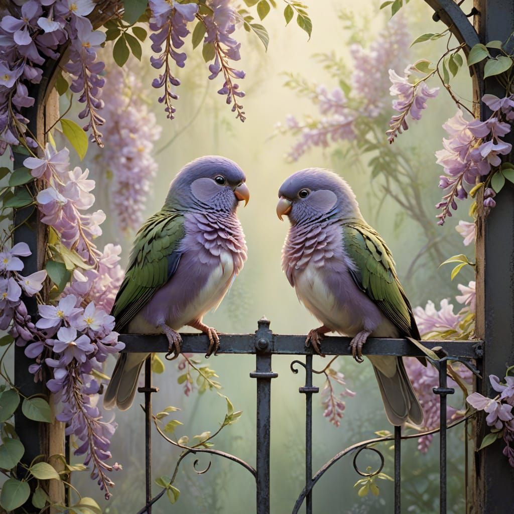Lovebirds Nestled on Wrought Iron Gate in Dawn Light