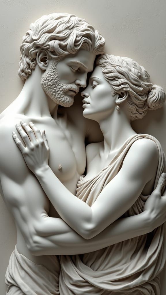 Emotional Embrace in Hyper-Realistic Bas-Relief Sculpture
