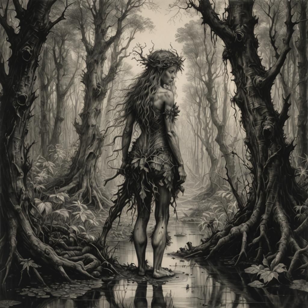Dryad Explores Swamp: Hyperdetailed Charcoal Drawing