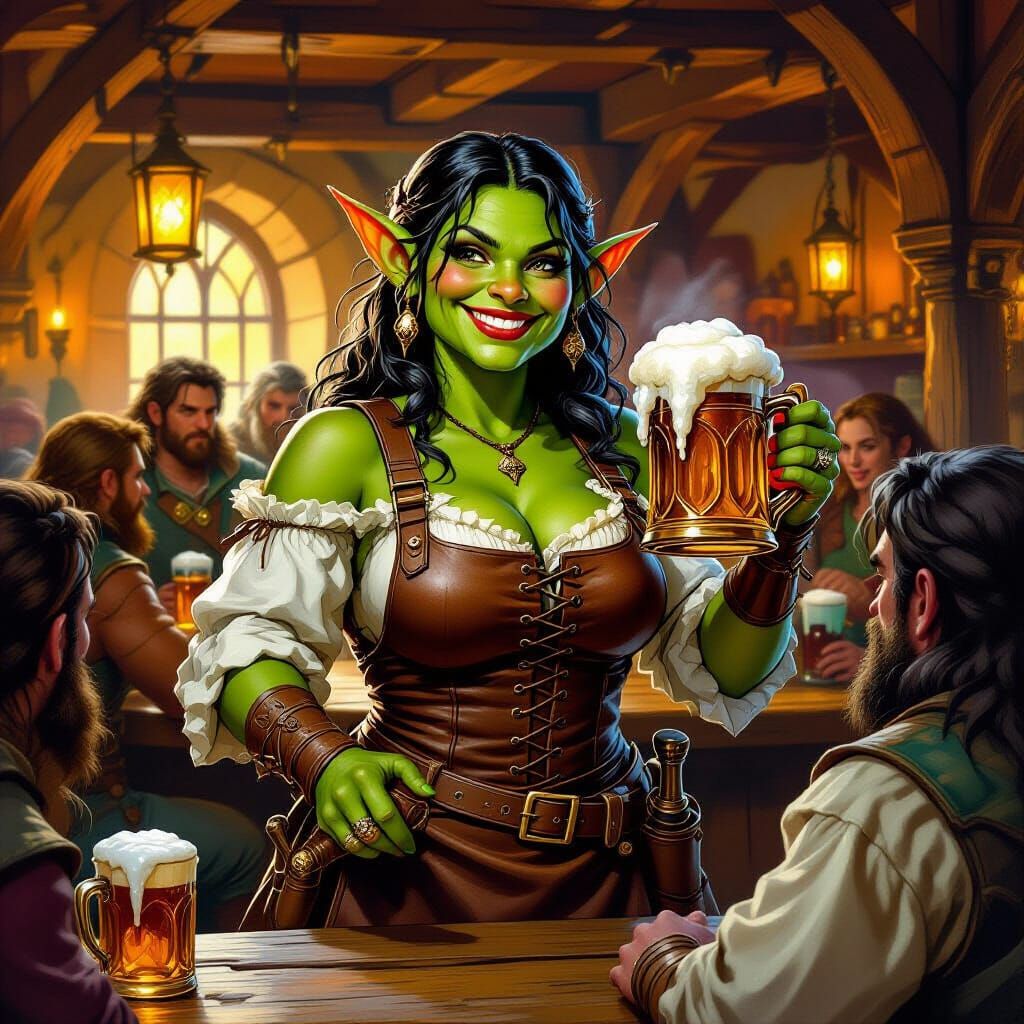 Goblin Barmaid in Bustling Fantasy Tavern