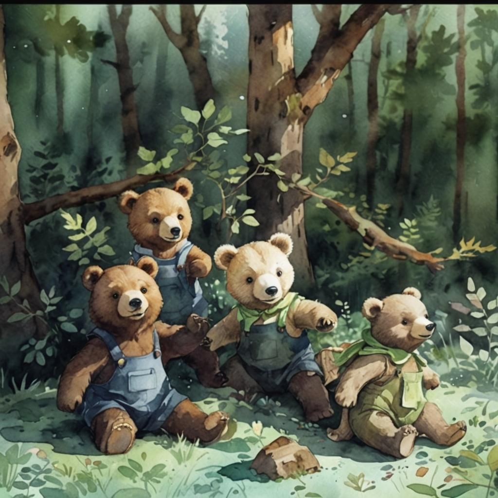Whimsical Bears in Forest Watercolor Illustration