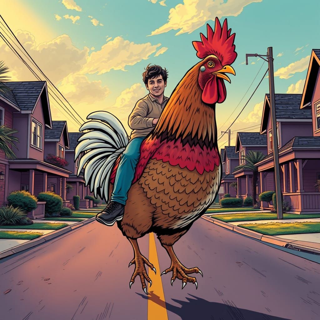 Heroic Chicken Ride in Vibrant Retro Comic Book Style