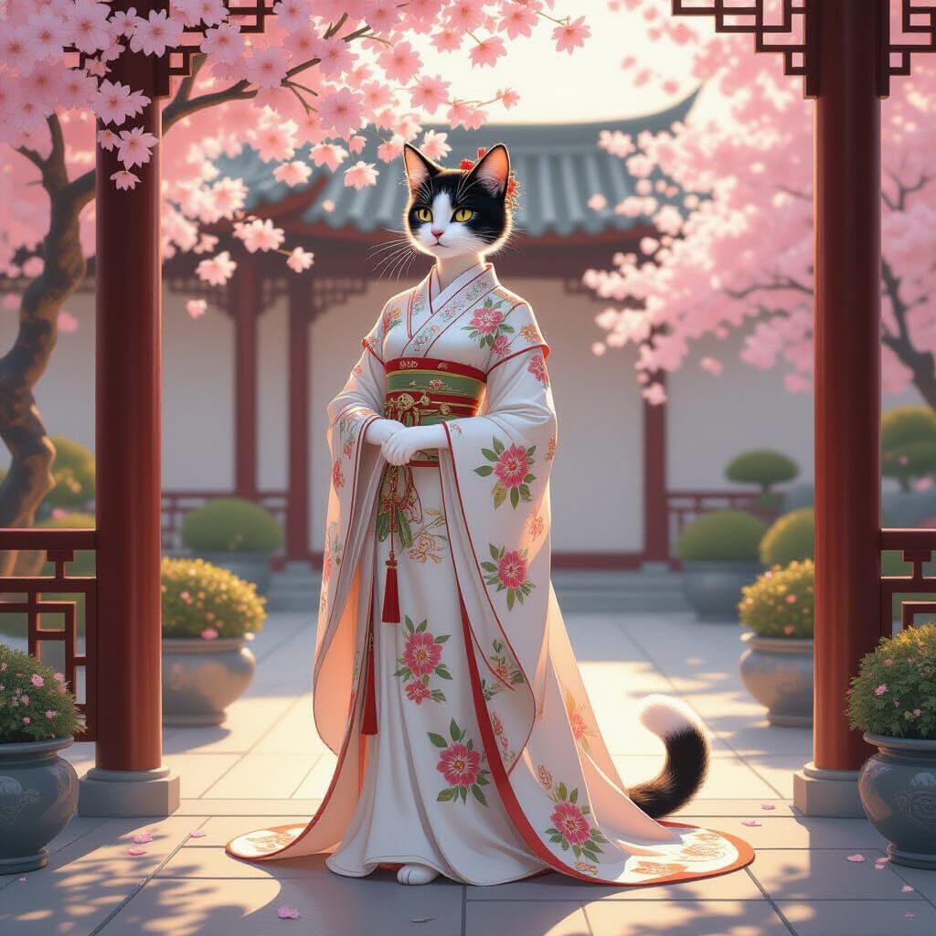 Elegant Calico Cat Mother in Qing Dynasty Silks