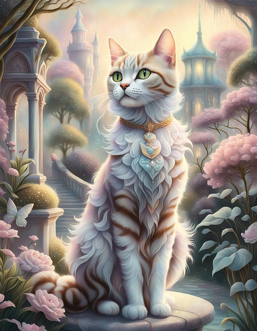 Pastel Tabaxi Fashionista with Cat in Misty Garden