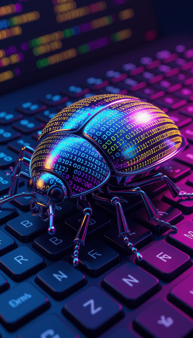Chrome Hippie Bug Made of Code, Cyberpunk Style