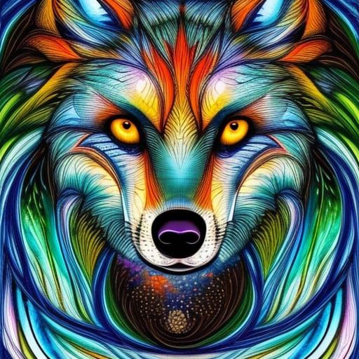 Colorful Abstract Wolf in Forest at Night