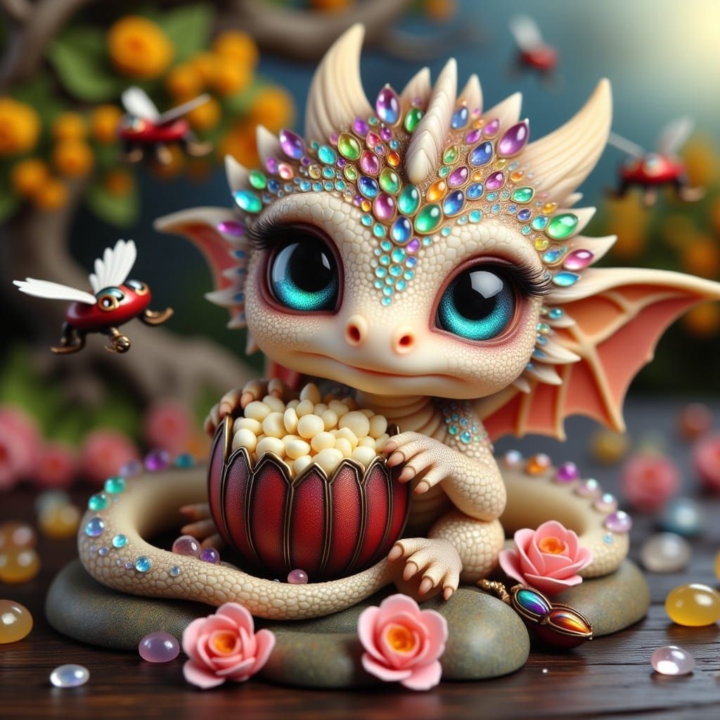 Baby Dragon Enjoying Popcorn in Enchanted Forest Scene